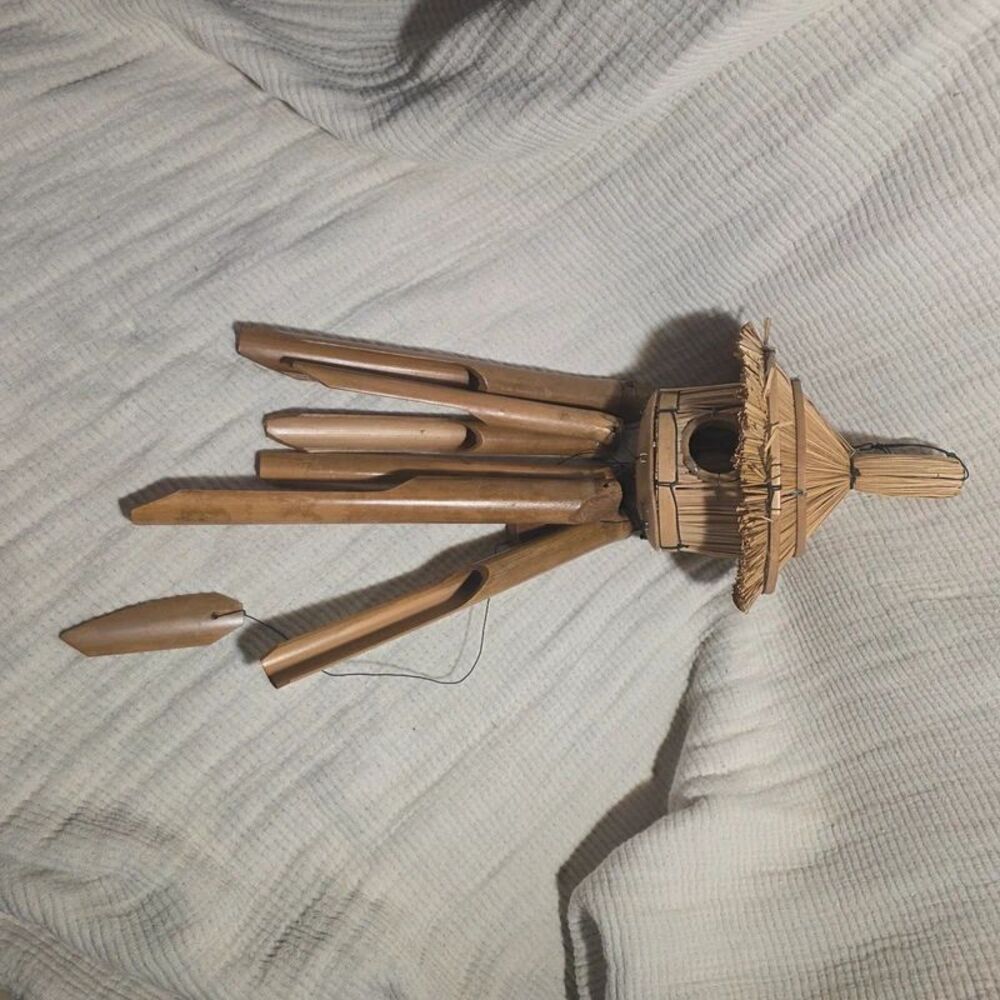 Bamboo Birdhouse Wind Chime Thatched Roof Tropical Bali Boho Decor